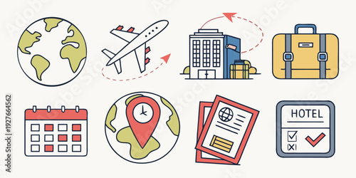 A collection of icons representing various aspects of travel and tourism. Vector