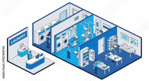 Isometric illustration of a trade show booth with various sections and attendees.