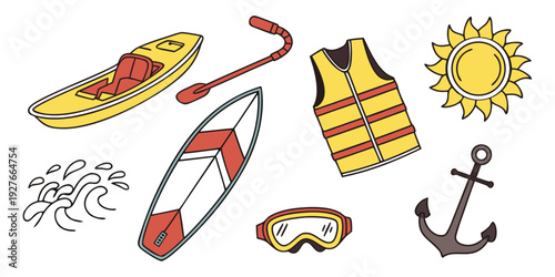 A vibrant summer scene featuring a beach ball, sunglasses, and a boat. Vector