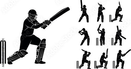 Cricket Player Silhouette Set Featuring Various Batting Stance Positions and Professional Batsman Action Shots Isolated On White Background For Sports Design