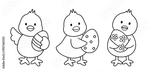 Cute Easter Chicks Holding Eggs Outline Set.
Easter Chick Coloring Pages and Printable Templates.
Adorable Spring Chicks with Eggs Line Art Collection.