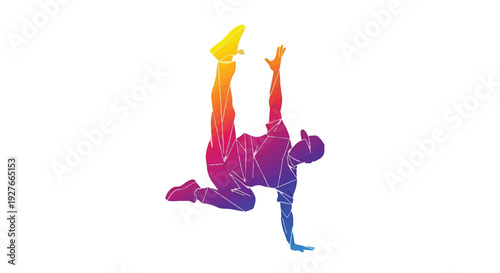 Modern breakdancer performing a dynamic move in a colorful, geometric style