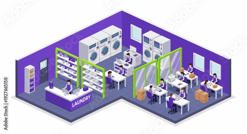 Isometric illustration of a modern office space with various workstations and equipment.