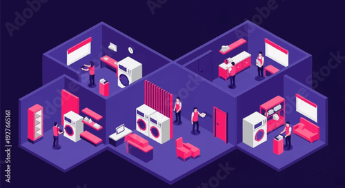 Isometric 3D office spaces with various workstations and equipment.