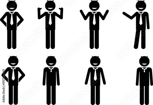 Devil Business Character Icon Set in Suit and Tie with Various Hand Gestures for Corporate Mischief and Evil Boss Concepts