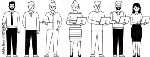 Diverse group of professional men and women office employees standing in a row holding laptops and working in business team