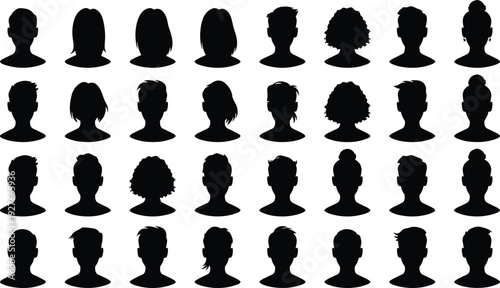Collection of diverse human head silhouettes in profile view, hairstyle and head shape illustration for design, psychology, demographics, diversity, and identity vector artwork