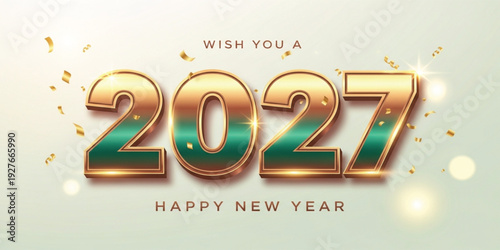 Luxury Golden and Emerald 2027 Happy New Year Background with Glitter Confetti, Elegant Typography, and Festive Light Effects for Holiday Greeting Design