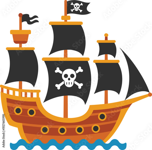 Illustration of pirate ship with skull sails, wooden hull, sailing on waves, vector design, nautical vessel art, maritime icon