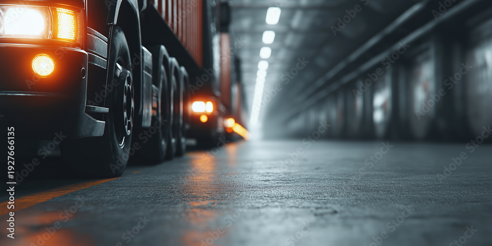 Fototapeta premium Trucks parked on concrete floor at night indoors, loading goods in a warehouse for logistics and supply chain