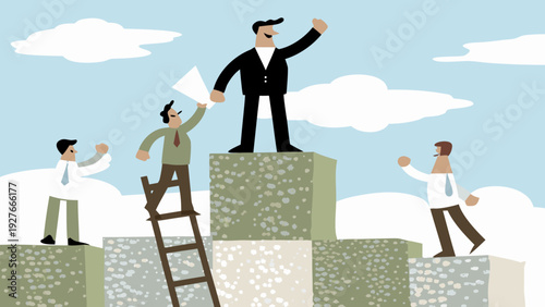 Business success concept with man standing on top of blocks triumphant with arms raised surrounded by colleagues