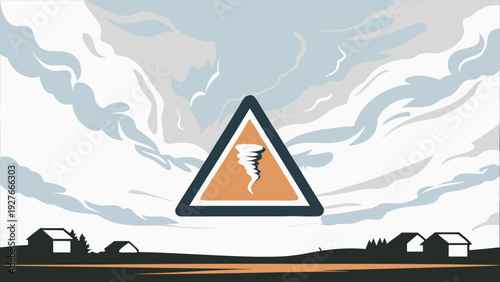 Tornado warning sign with stormy weather and rural landscape indicating emergency and severe weather conditions