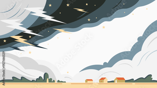 Night storm illustration with lightning and stars rural landscape under dark clouds