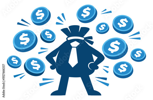 Cartoon style illustration of a money bag character depicting financial success for business and finance
