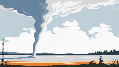 Waterspout tornado forms over a calm lake with trees and hills under a cloudy sky