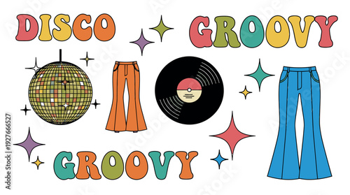Vibrant Disco Era Fashion and Music Elements.