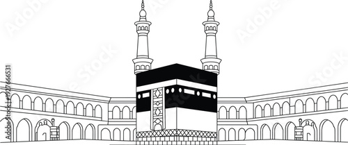 Line art illustration of Kaaba in Mecca, Masjid al‑Haram mosque architecture, Islamic holy site, pilgrimage, religious vector design
