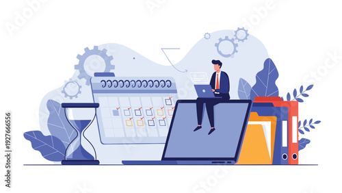 Professional businessman managing tasks and schedule while sitting on laptop with calendar and hourglass icons.