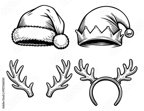 Line art Christmas elements set featuring a Santa hat, an elf hat, separate antlers, and a reindeer headband for festive designs