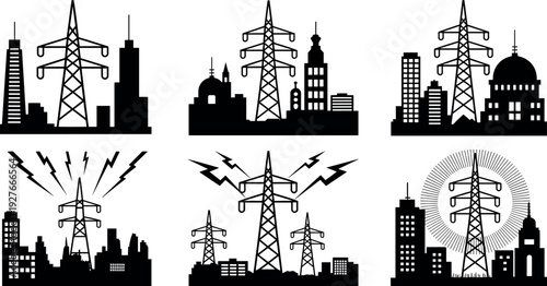 Art &Black silhouette set of electric transmission towers and urban city skylines representing power grid infrastructure, energy supply, industrial d
