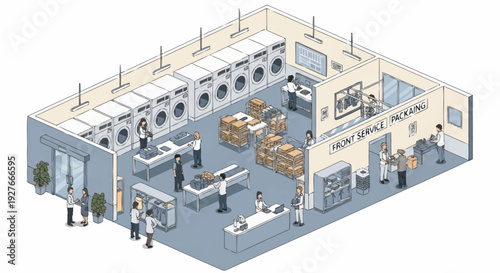 Industrial laundry facility with workers and equipment.