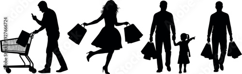 Diverse Silhouette Set of People Shopping With Bags Cart and Children Expressing Joy Happiness and Retail Therapy in Minimalist Style