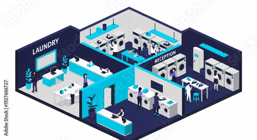 Isometric office floor plan with various workstations and amenities.