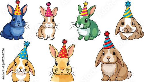 Cute floppy ear bunnies wearing colorful party hats