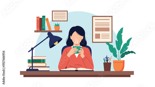 Tired woman at desk drinking hot tea or coffee while studying or working from home late at night with lamp.