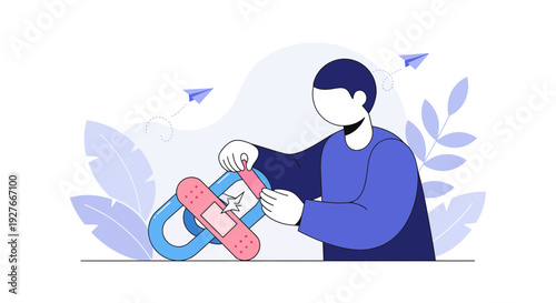 A person applying a band-aid to a broken link symbol illustrates connection repair maintenance problem solving and digital restoration