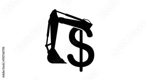 Silhouette of a heavy excavator machine arm lifting a large dollar sign representing construction costs and investment