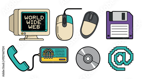 Retro computer peripherals and internet symbols illustration.