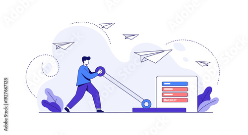 Digital data backup and online file transfer illustration with flying paper planes