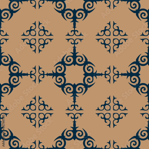 Seamless pattern with decorative elements. Seamless pattern featuring dark blue, stylized, angular tribal motifs. For wallpaper, pattern fills, web page background,surface textures.