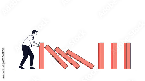 Businessman in white shirt pushing over row of red dominoes to initiate process or chain reaction on white.