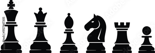 Silhouette collection of chess pieces, king, queen, bishop, knight, rook, pawn vector illustration, strategy game design icons