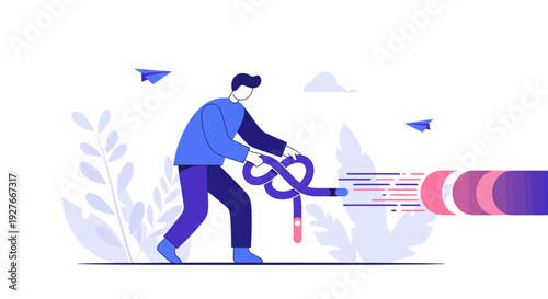 Man untangling a knotted cable to establish digital connection and data flow