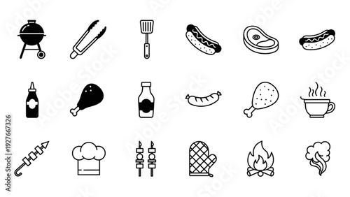 Food Vector Icon Sheet Featuring Grilling Utensils and Ingredients