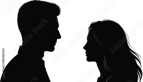 Silhouettes of two people facing each other, male and female profiles in minimalistic design illustration for identity, diversity, communication, psychology, and social interaction vector artwork