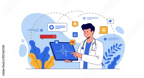 Doctor uses tablet for digital health telemedicine patient care