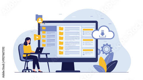 Woman at desk using laptop next to giant computer monitor showing files folders and cloud download icon.