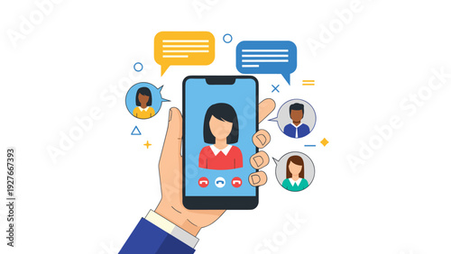 Human hand holding smartphone with group video call and chat bubbles for digital communication and meeting.