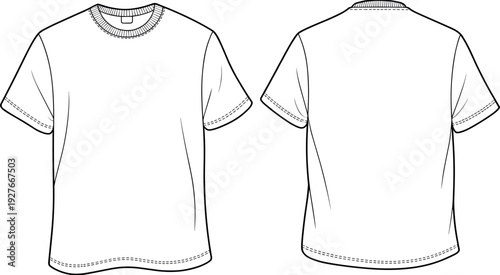 ArBlank white crew neck t-shirt technical flat sketch vector illustration with front and back views, apparel design mockup template for fashion tech packs.t & Illustration