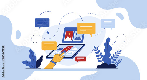 Hand Interacting Tablet Managing Digital Content Social Media Sharing