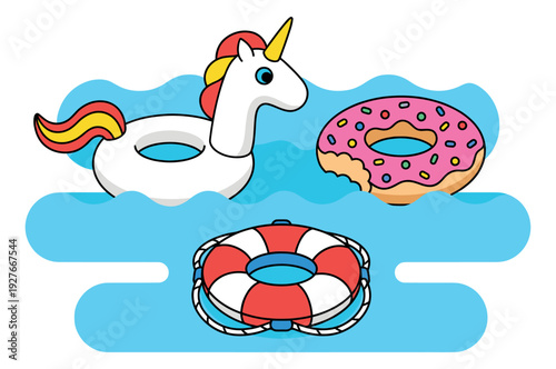Hand drawn line art swimming items set featuring a unicorn float, a donut float, and a lifebuoy for summer fun
