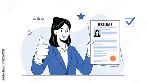 Successful businesswoman giving thumbs up while holding resume with check mark and ranking stars behind her.