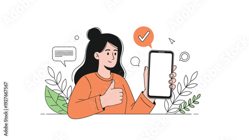 Happy young woman showing blank smartphone screen with a thumbs-up gesture for mobile app promotion and positive review.