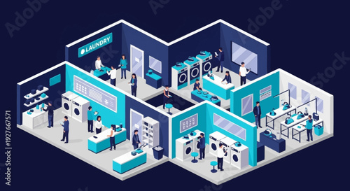 Isometric Exhibition Booth with People and Display Equipment.