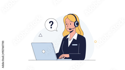 Customer support representative wearing a headset and working on a laptop with a question mark bubble icon for assistance.