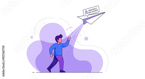Man launching paper airplane with system update message concept